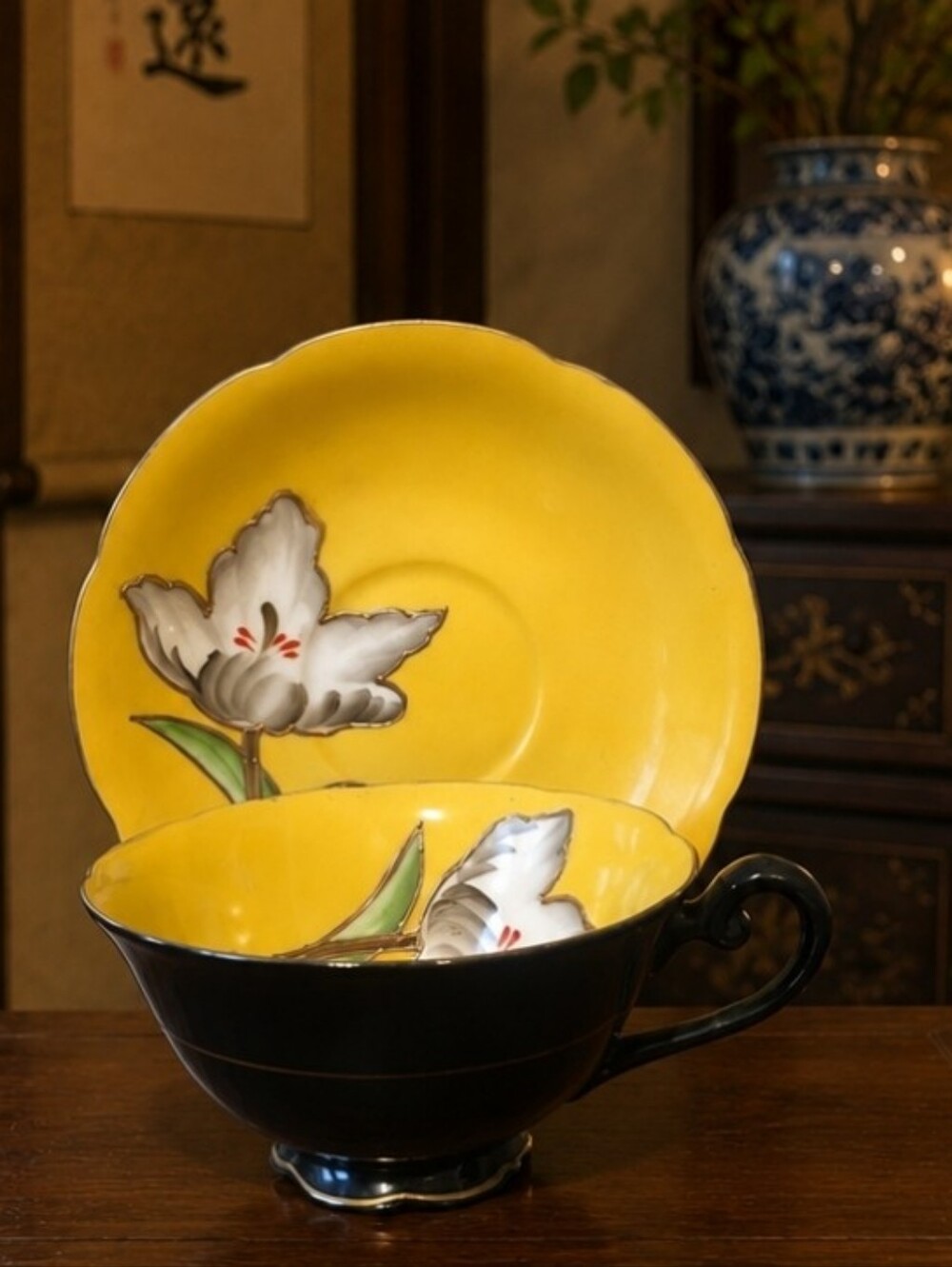 Trimont Signed Occupied Japan Vintage Teacup Saucer Yellow & Black Japanese EUC